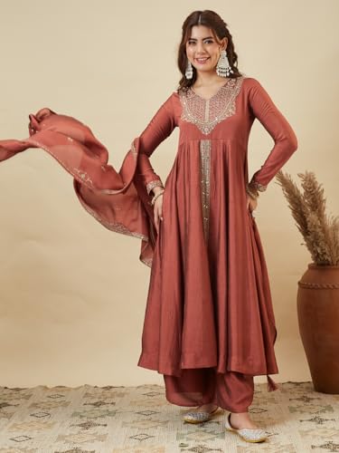 Image of MOKOSH Women's Silk Anarkali Kurta Pant with Dupatta | Anarkali Kurta Set | Embroidery | Indian Kurta Outfit With Pant | Ethnic Kurta | 3 Piece Outfit
