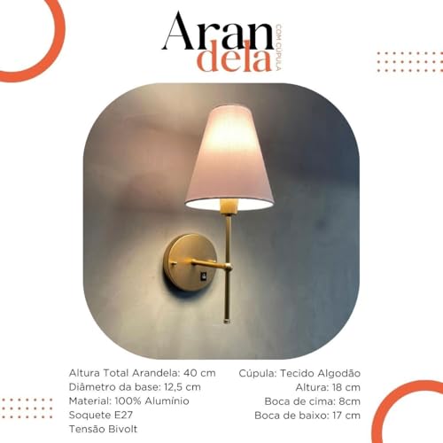 Arandela De Parede Em Aluminio Com Interruptor Cupula Tecido Algodao Soquete E27 Bivolt (Dourado com
