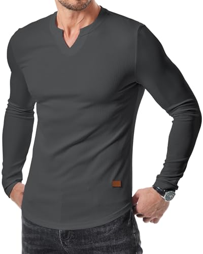 JMIERR Mens Shirts Casual V-Neck Muscle Slim Fitted Workout Gym Athletic T-Shirts Fall Fashion Long Sleeve Henley Shirt for Men, M, Dark Grey