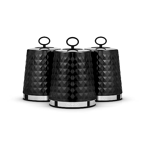 Tower T826207BLK Solitaire Set of 3 Canisters, Mirror Finished Steel Lid with Round Loop, Airtight, Black, Stainless Steel, 1.3 liters