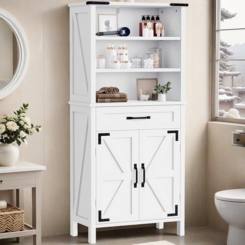 DWVO 58" Tall Storage Cabinet Bathroom Storage Cabinet with Doors and Shelves, Large Floor Cabinet White Bathroom Cabinet Versatile Kitchen Pantry for Kitchen, Dining Room, Pearl White