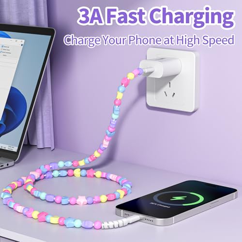 Image of VOFUOE USB C Cable for iPhone 17 Stars Beaded Charging Cord Fast Charging Cable for Girls Women 3.3FT Type C Cable for iPhone 16 /15, for iPad A16 11th Generation, for Galaxy S25-Colorful Beads