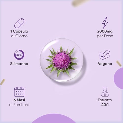 Cardo Mariano Vegano, 180 Capsule, 6 Mesi, 80% di Silimarina, 1 al Giorno da 2000 mg, Estratto 40:1 da Semi di Cardo Mariano, Silybum Marianum (Milk Thistle), Senza OGM, Prodotto in Unione Europea - Immagine 2