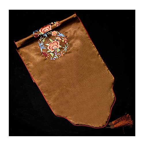Chemin de table de Noël broderie fleurs plantes marron avec pompons déco table longue