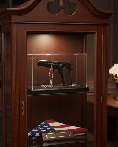 Image of Premium Acrylic Pistol Display Case with Solid Wood Base & Clear Pistol Stand - UV Protection, Dustproof Gun Display Box for Collector Handguns, 1911, Glock and Memorabilia (11 inch x 4.2 inch x 6.7 inch)