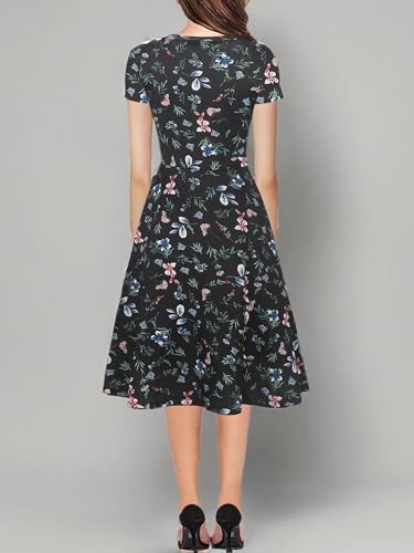 Image of oxiuly Women Casual Dress Round Neck Soft Cotton Floral A-Line Midi Summer Dresses with Pockets OX262
