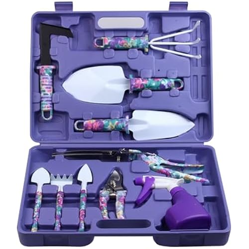 Garden Tools Set, JUMPHIGH 10 Pieces Gardening Tools with Floral Print, Ergonomic Handle Trowel Rake Weeder Pruner Shears Sprayer, Garden Hand Tools with Carrying Case Gardening Gifts for Women Father