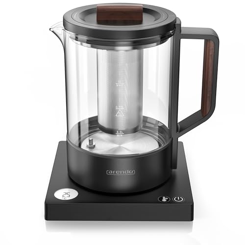 Arendo - Glas Wasserkocher mit Temperatureinstellung - Edelstahl Teekocher 1 Liter – Integriertes Teesieb – 40°-100°C – präzise Sensormessung – BPA-frei – Basis mit Display - Schwarz