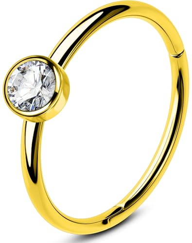 OUFER Gold Nose Rings Hoops, 316L Surgical Steel 20G Hinged Segment Hoop Nose Ring For Women, Shiny Clear CZ Cartialge Piercing, Inner Diameter 8MM Cartilage Rook Helix Lobe Tragus Earrings