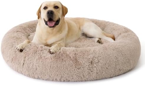 BEDSURE SupportMax™ Hundebett Grosse Hunde Waschbar Flauschig Rund, 120cm | Plüsch Donut Hundekorb mit Abnehmbarem und Waschbarem Bezug, Körbchen Hund mit Rutschfester Boden, Kamel