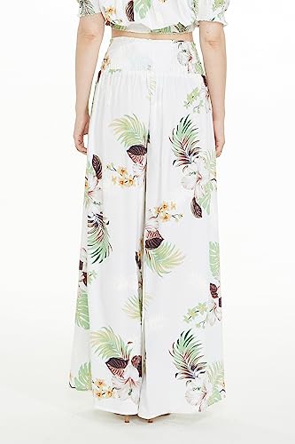 Matchable Couple Hawaiian Luau Shirt Smock Top Wide Legged Pants in Pineapple Garden White3
