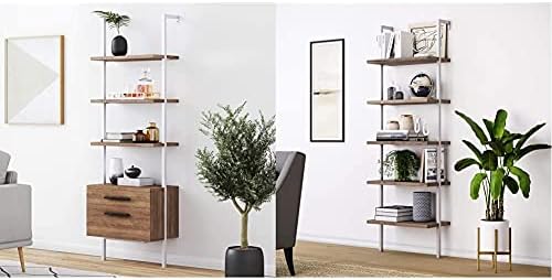 Nathan James Theo Industrial Bookshelf, 3-Shelf, Oak/White & Theo 5-Shelf Wood Modern Bookcase, Open Wall Mount Ladder Bookshelf with Industrial Metal Frame, Light Brown Oak/White