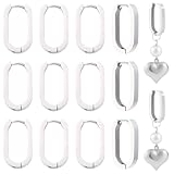 Beebeecraft 12 Pieza de Pendientes de Aro Rectangulares para Mujer Pendientes de Aro Gruesos Geométricos Ovalados de Acero Inoxidable Plateado de 21x12mm Y 304mm para Regalo de Joyería