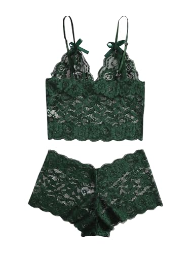Lilosy Sexy Women Floral Lace Pajamas Lingerie Set High Waist Sheer Sleepwear See Through Nightwear Bow Ties Cami Shorts Bra And Panty 2 Piece Army Green X-Large thumb #3