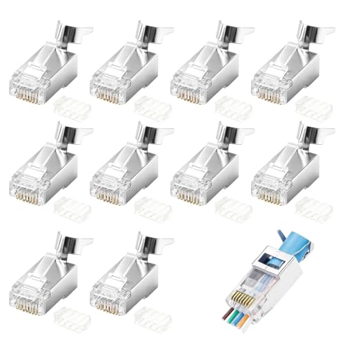Image of Fofuo 10 Pack RJ45 Pass Through Connector Cat7 CAT6 CAT6A RJ45 Gold Plated Connector 8P8C Shielded Ethernet Cable Connectors LAN Network Plug with Load Bar for Solid or Twisted UTP Cables
