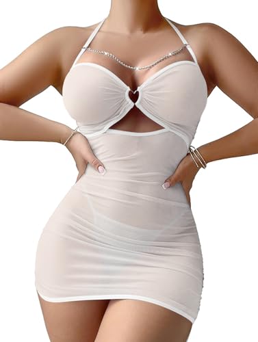 Image of Foxiny Sexy Chain Sheer Mesh Ruched Bodycon Mini Lingerie Dress with Thong 2 Piece Set Outfits