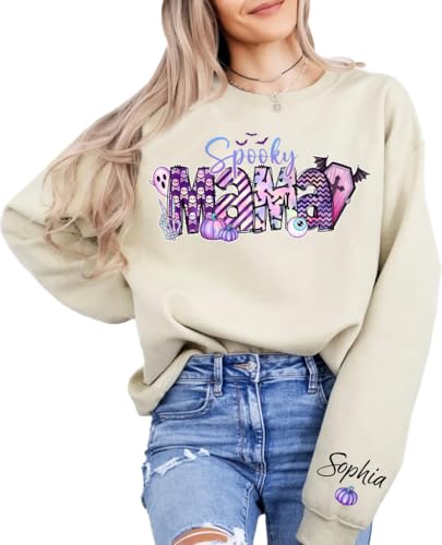 Personalized Spooky Grandma Halloween Sweatshirt, Custom Name on Sleeve, Cute Ghost Pumpkin Design