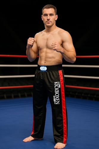 Foto von BAY Edel Stick Kickboxhose, Größe 170 - M, schwarz mit roten Seitenstreifen, gestickte Schrift Kickboxen, Thaiboxhose lang, Hose Kick-Boxen Thaiboxen Muay Thai, Satinhose