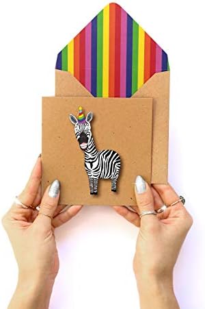Birthday Party Hat Zebra Handmade Greeting Card with Rainbow Envelope