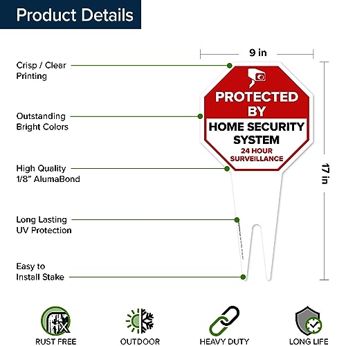 Image of Protected by Home Security System Sign, 9x17, Heavy Duty Integrated Ground Stakes, Indoor /Outdoor Use, Rust Free Aluminum Composite, Made in USA by My Sign center
