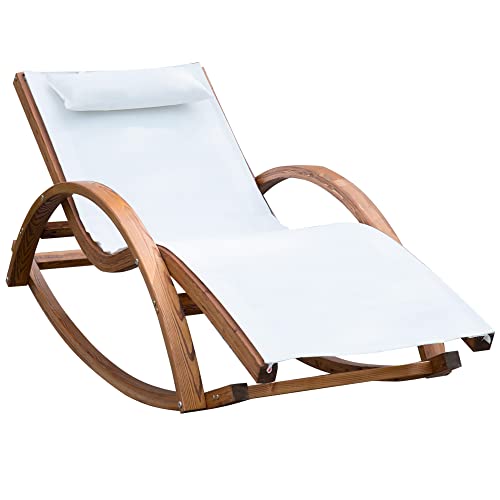 Outsunny Chaise Longue Fauteuil berçant à Bascule transat Bain de Soleil Rocking Chair en Bois Charge 120 Kg Blanc