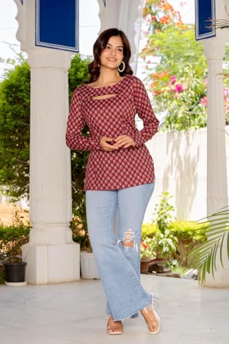 Image of Women's Floral Printed Cotton Kurti Summer Cotton Tunic Top for Girls