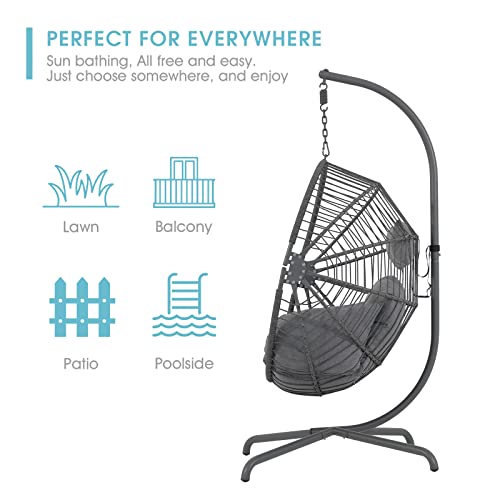 Patiorama Indoor Outdoor Egg Swing Chair With Stand, Oversized Cocoon-Shaped Rope Woven Hanging Chair W/Cushion, Safety Strap, Patio Wicker Foldable Hammock Chair For Bedroom, Porch,Garden (Grey) #TOP6