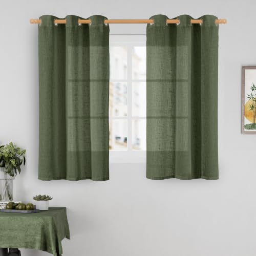 Image of 54 Inch Sheer Linen Curtains for Windows 2 Panels Set, Bronze Grommet Light Filtering Drapes Neutral Boho Christmas Decor Panels for Kitchen /Bedroom, Olive Green, 34 x 54 Inch
