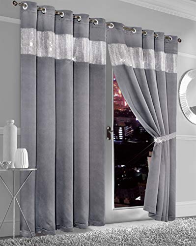 Lawrence Caprino Light Filtering Blackout Curtains For Living room Crushed Velvet Eyelet Curtain Silver Grey Black (Silver, 90" Width x 90" Drop (229 x 229cm))
