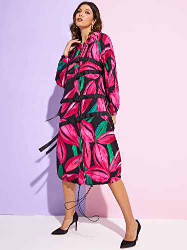 Oshho Jackets For Women - Allover Floral Print Contrast Tape Buckled Detail Bishop Sleeve Hooded Coat (Color : Multicolor, Size : Small) #TOP4
