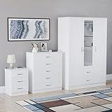 Vida Designs Riano 3 Piece Bedroom Set - 3 Drawer Bedside Chest, 5 Drawer Chest, 3 Door 2 Drawer Mirrored Wardrobe - White