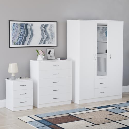 Vida Designs Riano 3 Piece Bedroom Set - 3 Drawer Bedside Chest, 5 Drawer Chest, 3 Door 2 Drawer Mirrored Wardrobe - White
