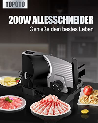 Foto von 200W Allesschneider Elektrisch TOPOTO Brotschneidemaschine Schneidemaschine 2 Klingen, Sicherheitsverriegelung, 18mm Einstellbare Schnittstärke Heimgebrauch Aufschnittmaschine für Fleisch Käse Gemüse
