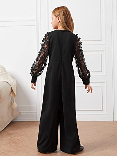 Wdirara Girl's Floral Appliques Mesh Long Sleeve V Neck Wide Leg Casual Birthday Party Jumpsuits Black 9Y #TOP1