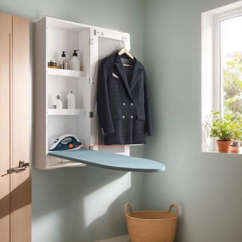 Armario para planchar de pared 34 x 17 x 94, armario de almacenamiento de pared con espejo, tabla de planchar compacta integrada, con estante de almacenamiento, pie de soporte plegable, para casa y