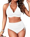 Women Tummy Control Bikini Set - Two Piece Swimsuit High Waisted Bathing Suit Halter Push Up 2025 Swimwear White L