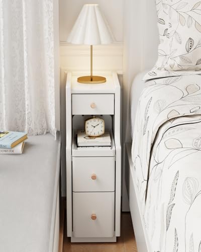 Narrow Nightstand with 3 Drawers,Solid Wood Narrow Bedside Table White, Modern Skinny Nightstand for Bedroom(Fully Assembly)