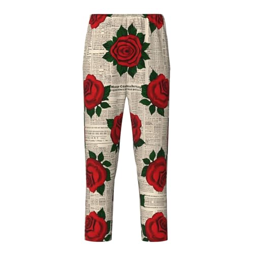 Pajama Pants Pajama Bottoms with Elastic Waistband Sleepwear Lounge PantsRose Flowers Retro Newspaper
