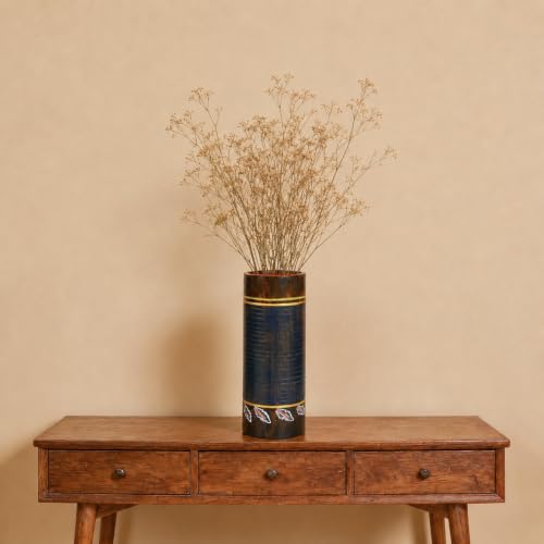 Image of Aakriti Art Creations Autumn Leaf Earthen Vase in Tubular Shape | Handmade Terracotta Flower Vase | Matte Finish Blue Floral Art Decorative Vase for Living Room Decor, Table Decor, Decor & Gifting