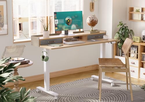 Image of Claiks Standing Desk with Drawers & Wheels, 2 Height Shelf 59 inch Ntural