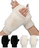SATINIOR 2 Pairs Women Wool Knit Fingerless Gloves Furry Mittens Wrist Warmers Fur Mittens Valentines'day Gift for Women(Black,White)