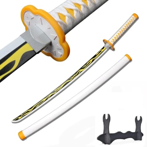 Image of Demon Slayer Zenitsu Agatsuma Katana Wooden Sword with Display Stand, Life Size Nichirin 104cm Bamboo Wood Anime Cosplay Replica Toy with Sheath, Yellow and Black Design