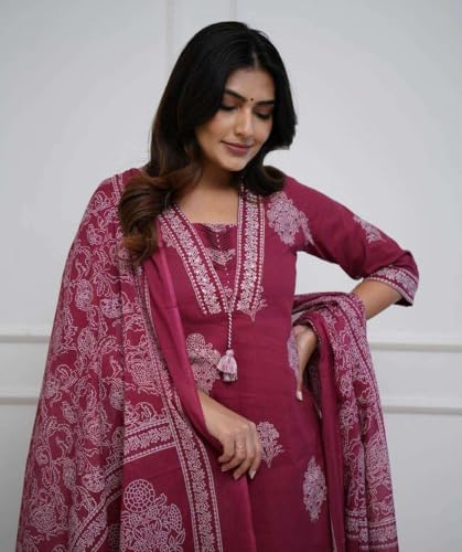 Image of DR DIGITAL Women's Cotton Printed Straight Kurti with pant and Dupatta Set