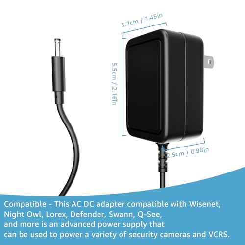 12V1A Security Camera Power Supply AC 100-240V to DC 12V 1A 1000mA CCTV Power Supply Adapter Compatible with Samsung Wisenet Night Owl Swann Lorex Q-See 5.5x2.1mm Wall Plug-in Power Supply Cord