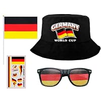 RAOPNHS Deutschland Fanartikel Set 4 Teilig Fischerhut Sonnenbrille Flagge Sticker Fußball WM 2026 Fussball WM 2026 Fan Zubehör Set für Stadion Public Viewing Party Deutschland Fans