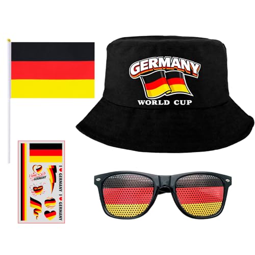 RAOPNHS Deutschland Fanartikel Set 4 Teilig Fischerhut Sonnenbrille Flagge Sticker Fußball WM 2026 Fussball WM 2026 Fan Zubehör Set für Stadion Public Viewing Party Deutschland Fans