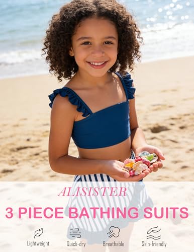 Image of ALISISTER Girls Swimsuit 3 Piece Bathing Suits Summer Bikini Tankini Sets with Cover Up Skirt for 4-12 Years