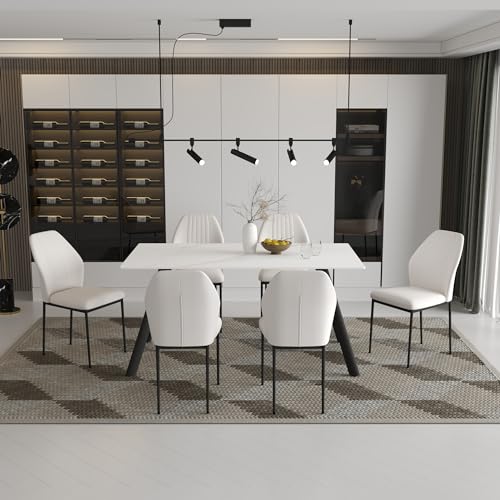 Juego de mesa de comedor para 6, mesa de comedor blanca moderna de piedra sinterizada rectangular y 6 sillas de comedor (1 mesa 6 sillas beige)