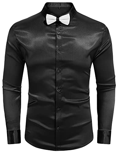 URRU Men's Luxury Shiny Silk Like Satin Dress Shirt Long Sleeve Casual Slim Fit Muscle Button Up Shirts2
