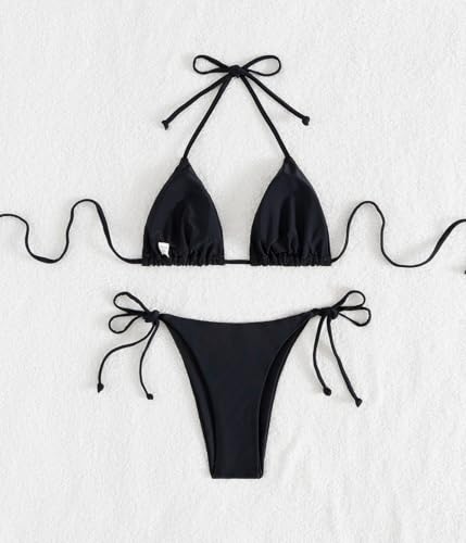 Image of Tainehs Women's Sexy Halter Thong Bikini Tie Two Sides Bottom Triangle Bikini Swimsuits